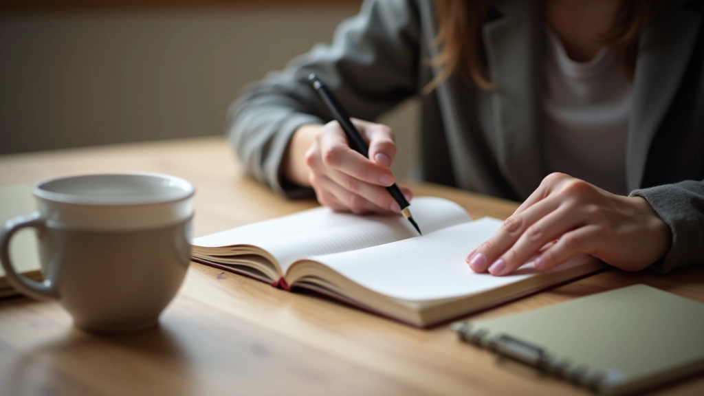 Persona che scrive in un diario con una tazza di caffè e un libro aperto sulla scrivania, ambiente tranquillo e luminoso, tavolo di legno naturale