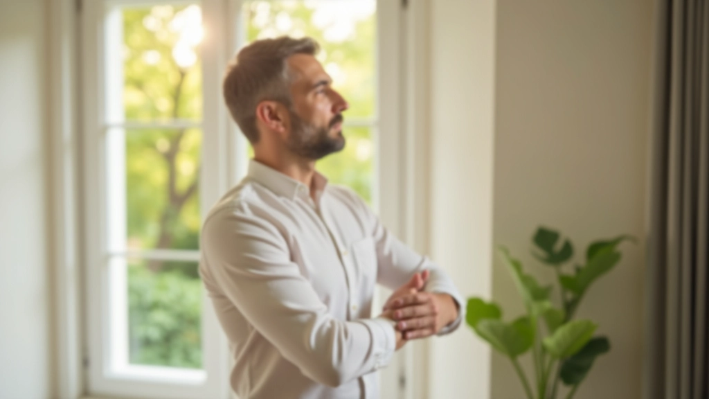Uomo che fa stretching mattutino davanti a una finestra, corpo intero, posa rilassata e consapevole