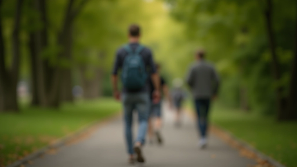 Persona che fa una passeggiata in un parco verde, vista posteriore, sentiero circondato da alberi