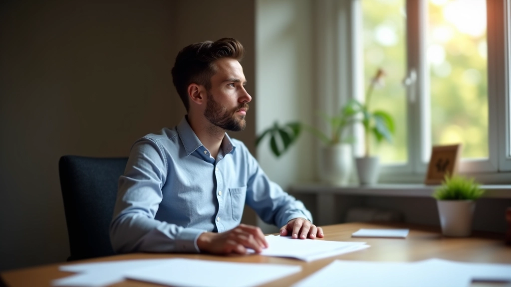 Persona seduta a una scrivania circondata da carte sparse, guardando fuori dalla finestra con espressione pensierosa, luce naturale pomeridiana, sfondo ufficio moderno