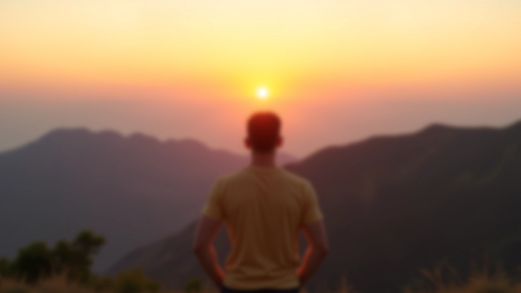 Persona che guarda l'orizzonte in un paesaggio montano al tramonto, postura consapevole e riflessiva