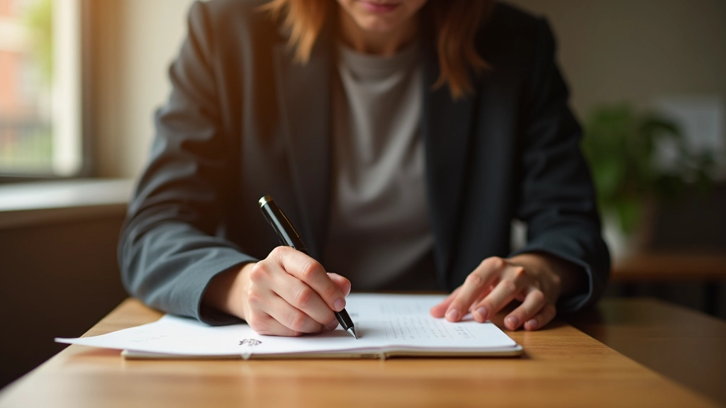 Persona che scrive nel diario con concentrazione, penna in mano, quaderno aperto su un tavolo di legno con luce naturale
