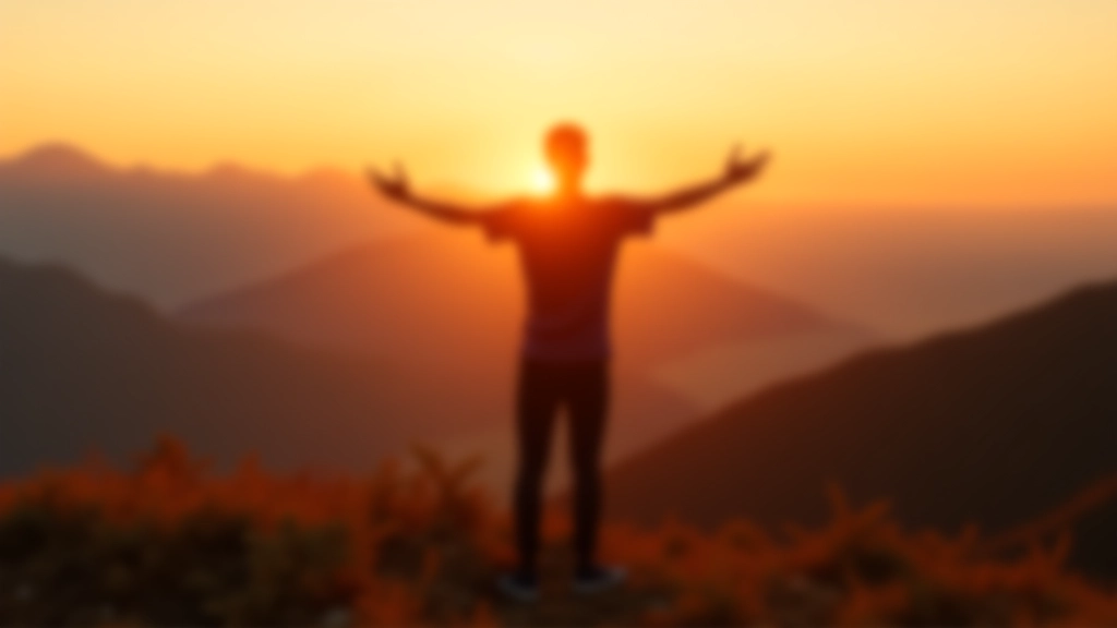 Persona che guarda verso l'orizzonte da una collina al tramonto, braccia aperte in un gesto di libertà, cielo colorato, montagne in lontananza, posizione di vittoria