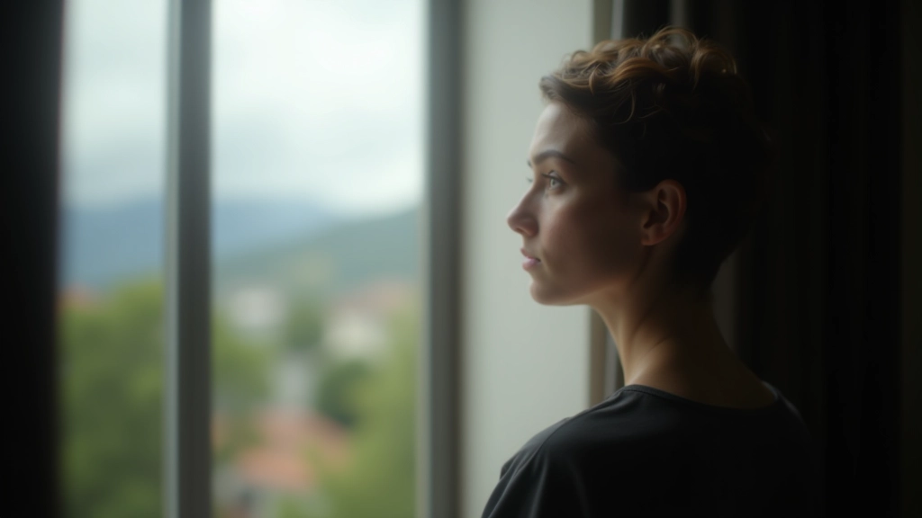 Persona che guarda dalla finestra durante una giornata nuvolosa, pensierosa e riflessive