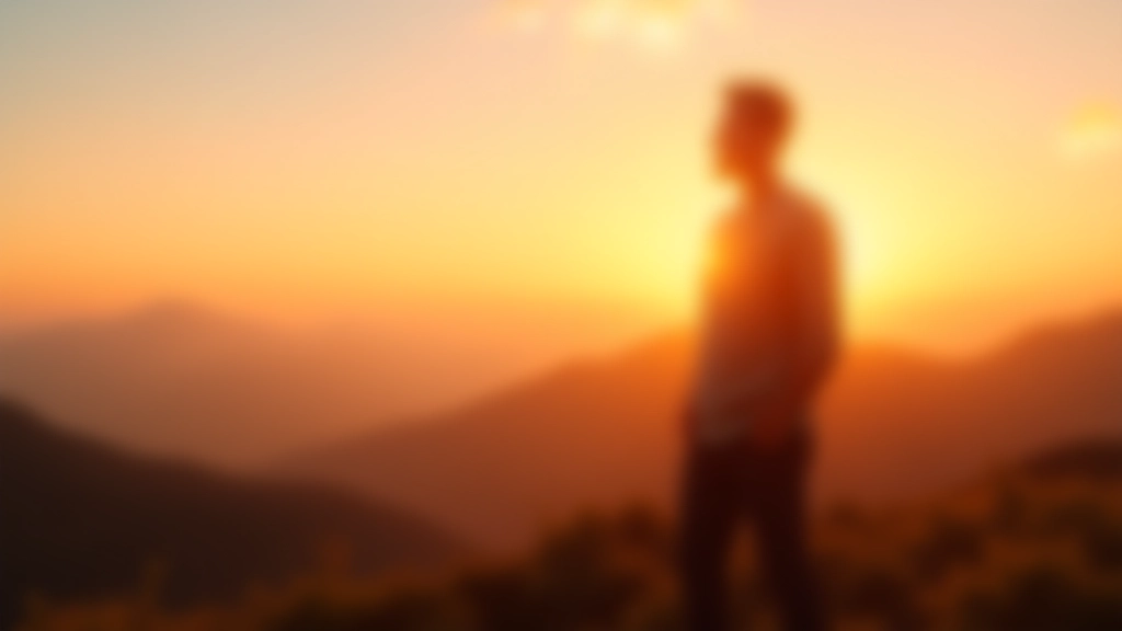 Persona che guarda verso l'orizzonte in una posizione vittoriosa, alba o tramonto sullo sfondo, sentimento di determinazione