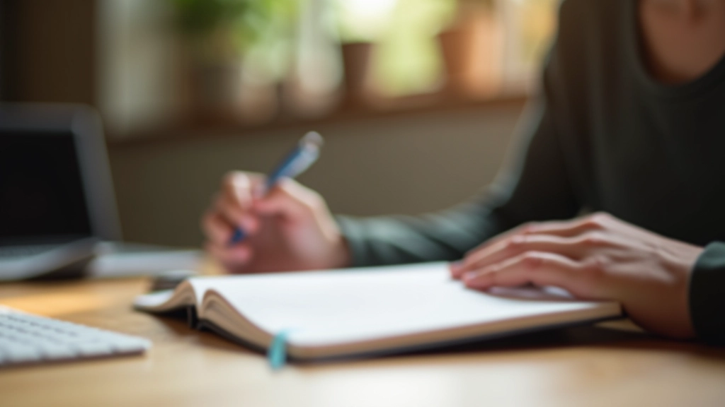 Persona che scrive in un diario con penna in mano, seduta a un tavolo di legno in luce naturale