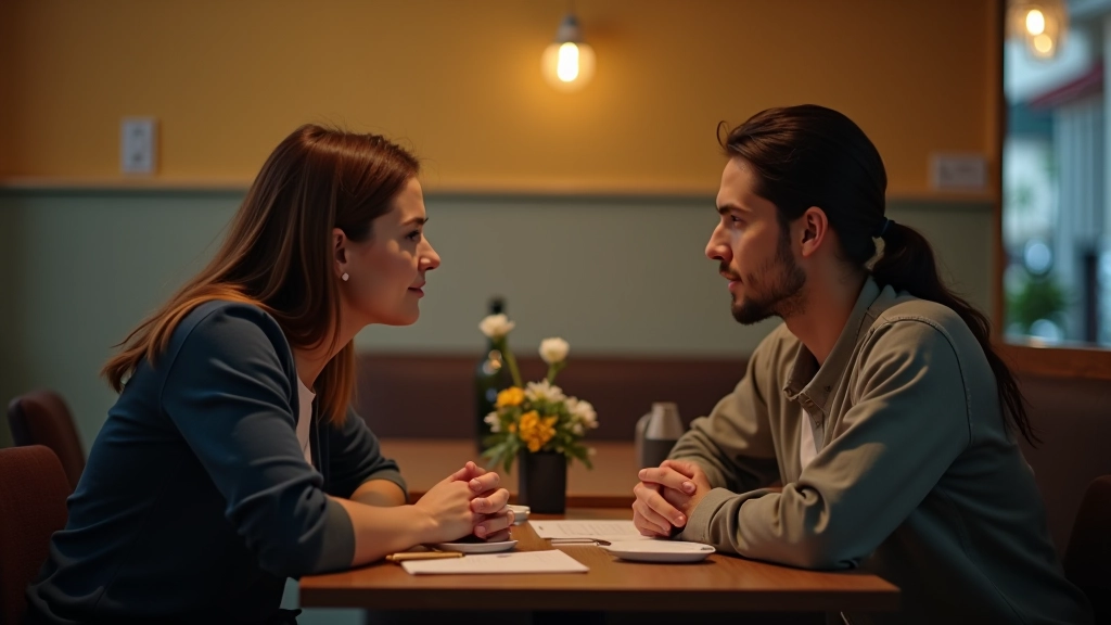 Due persone sedute in un caffè, conversano tranquillamente, luce calda e intima, vista da sopra