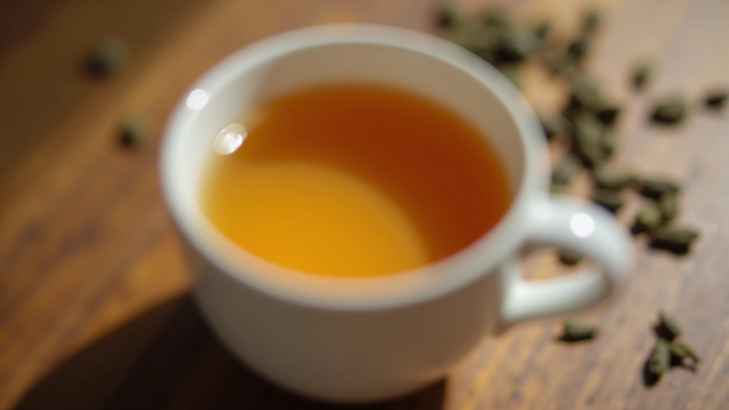Primo piano di tè caldo in una tazza di ceramica bianca, con foglie di tè sparse accanto, tavolo di legno naturale e sfondo morbido sfocato