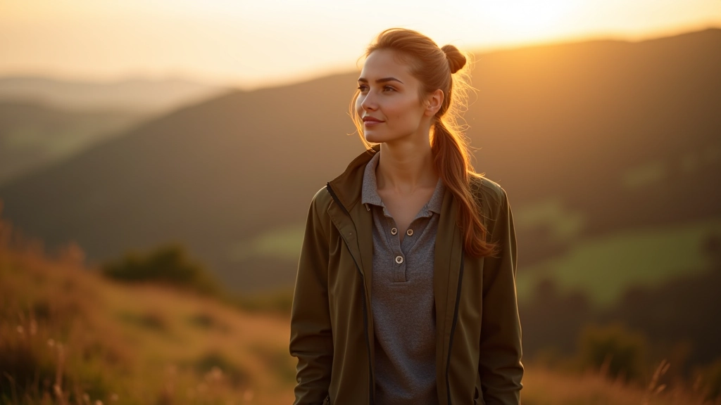 Persona che fa una pausa riflessiva nella natura, in piedi davanti a un paesaggio, con sguardo sereno e consapevole