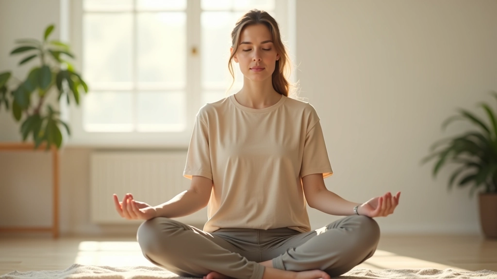 Persona che pratica la meditazione mattutina in uno spazio luminoso e tranquillo, seduta con gli occhi chiusi in atteggiamento sereno