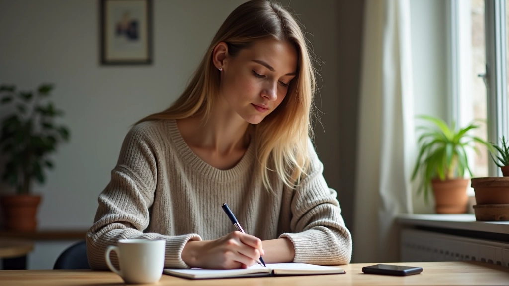 Persona che scrive in un taccuino seduta a un tavolo con una tazza di caffè, luce naturale da finestra